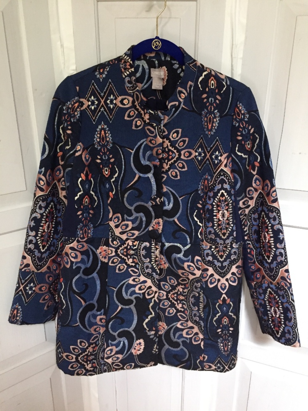 Chico's Navy Blue and Pink Paisley-Print Jacket